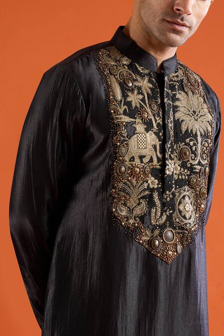 Shop_Qbik_Black Embroidery, Zari, Beads, Stones Kurta Set _Online_at_Aza_Fashions