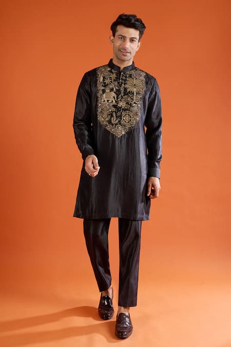 Qbik_Black Embroidery, Zari, Beads, Stones Kurta Set _at_Aza_Fashions