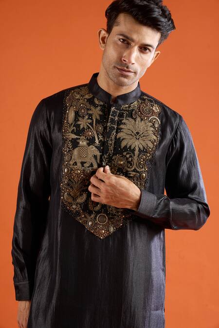 Buy_Qbik_Black Embroidery, Zari, Beads, Stones Kurta Set 