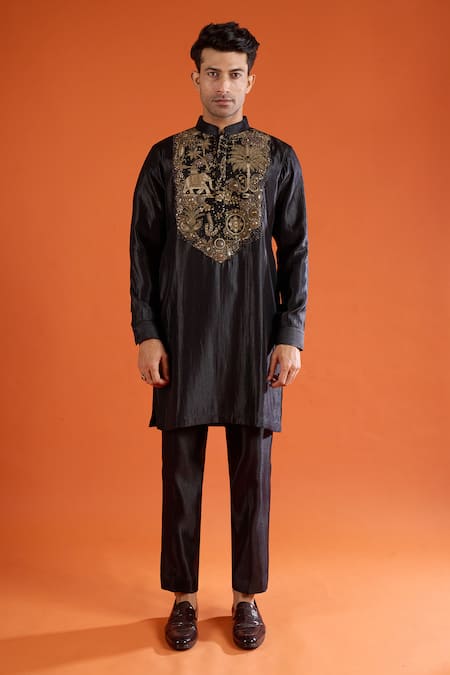 Shop_Qbik_Black Embroidery, Zari, Beads, Stones Kurta Set 