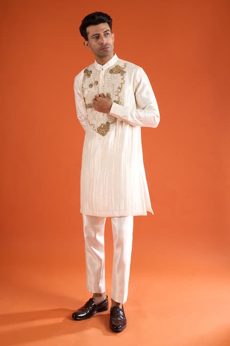 Qbik_Ivory Embroidery, Sequins, Zari Placement Kurta Set _at_Aza_Fashions