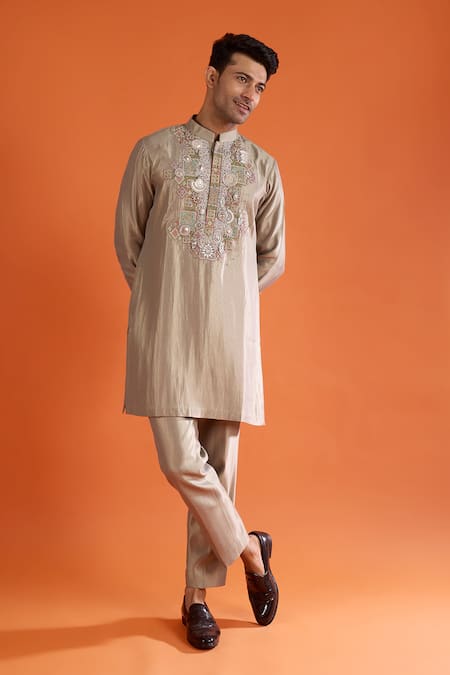Shop_Qbik_Green Embroidery, Sequins, Stones, Mirrors Embellished Kurta Set _Online_at_Aza_Fashions