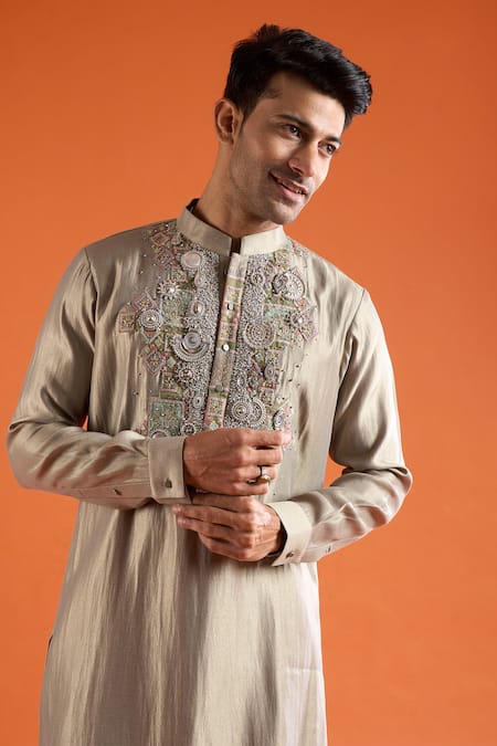 Qbik_Green Embroidery, Sequins, Stones, Mirrors Embellished Kurta Set _at_Aza_Fashions