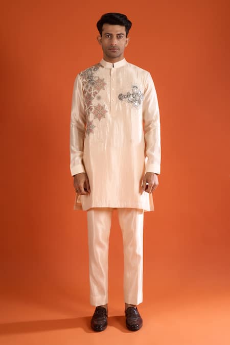 Buy_Qbik_Pink Mirrors, Stones, Sequins Embroidered Kurta And Pant Set _Online_at_Aza_Fashions