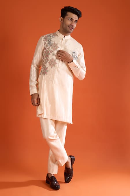 Qbik_Pink Mirrors, Stones, Sequins Embroidered Kurta And Pant Set _at_Aza_Fashions