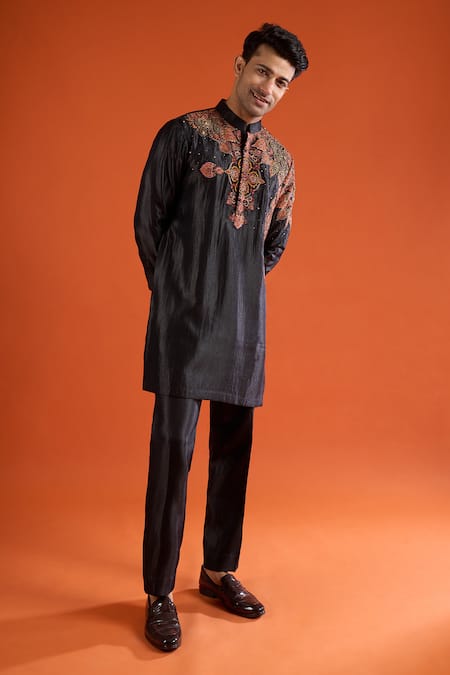 Buy_Qbik_Black Embroidery Floral Kurta Set _Online_at_Aza_Fashions