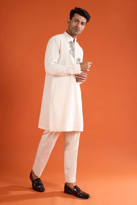 Shop_Qbik_Ivory Sequins, Beads, Pearls, Stones, Mirrors Embellished Kurta Set _Online_at_Aza_Fashions