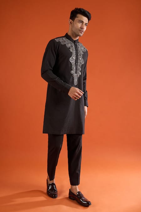 Shop_Qbik_Black Beads, Mirrors Work Kurta Set _Online_at_Aza_Fashions