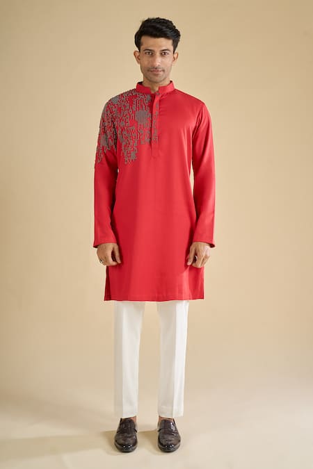 Buy_Qbik_Red Sequins Geometric Pattern Straight Kurta And Pant Set _Online_at_Aza_Fashions