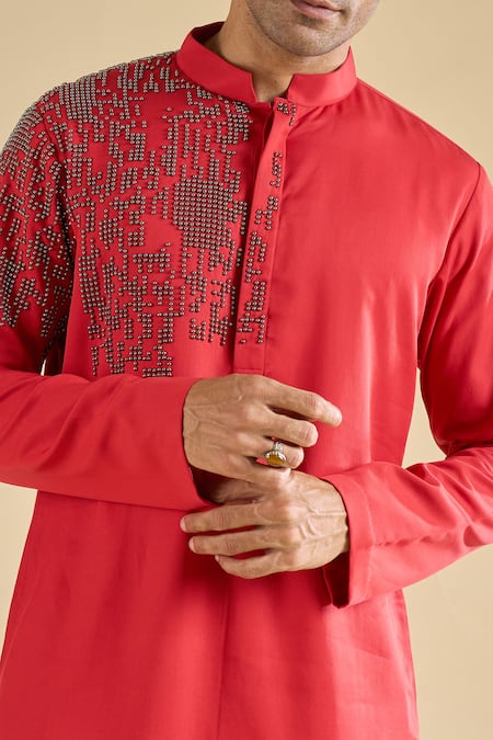 Shop_Qbik_Red Sequins Geometric Pattern Straight Kurta And Pant Set _Online_at_Aza_Fashions