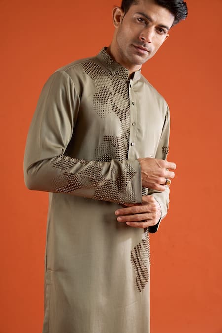 Buy_Qbik_Olive Green Embroidery Abstract Pattern Kurta And Pant Set _Online_at_Aza_Fashions