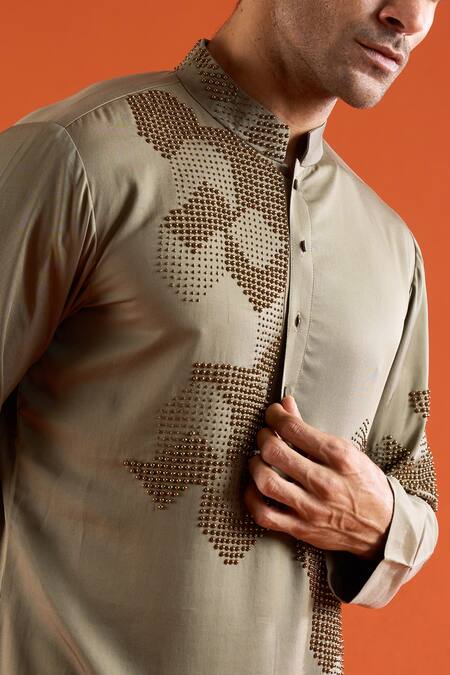 Shop_Qbik_Olive Green Embroidery Abstract Pattern Kurta And Pant Set _Online_at_Aza_Fashions