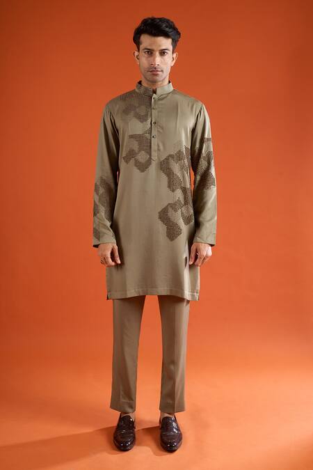 Buy_Qbik_Olive Green Embroidery Abstract Pattern Kurta And Pant Set 