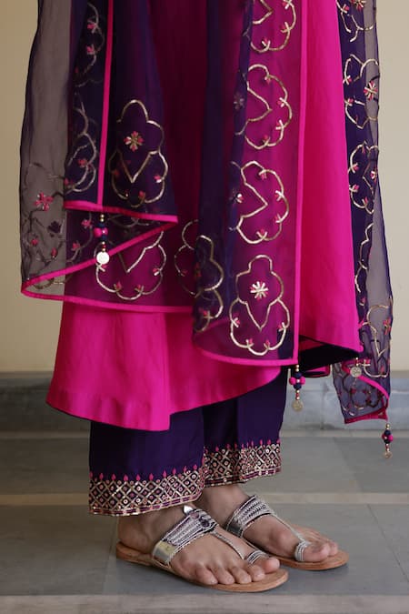 Apeksha Jain Label_Pink Silk, Organza Gota Patti Round Neck Neer A-line Kurta Set _Online_at_Aza_Fashions