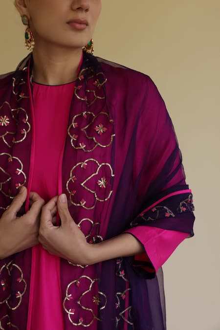 Buy_Apeksha Jain Label_Pink Silk, Organza Gota Patti Round Neck Neer A-line Kurta Set 