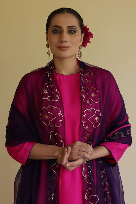 Shop_Apeksha Jain Label_Pink Silk, Organza Gota Patti Round Neck Neer A-line Kurta Set 