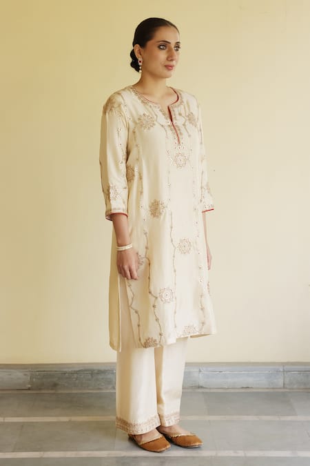 Shop_Apeksha Jain Label_Ivory , Organza Embroidery, Sequins, Zari, Gota Patti Chaand Kurta Set 