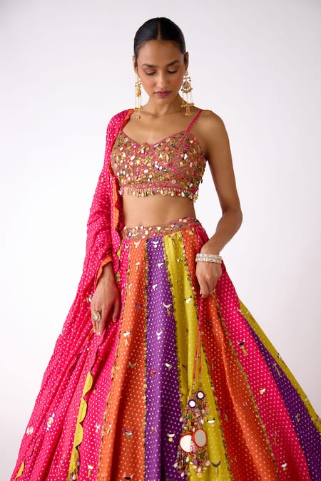 Shop_Basanti Kapde aur Koffee_Multi Color Chinon Sequins, Mirrors Sweetheart Neck Embellished Lehenga Set _Online_at_Aza_Fashions