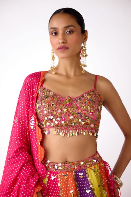 Buy_Basanti Kapde aur Koffee_Multi Color Chinon Sequins, Mirrors Sweetheart Neck Embellished Lehenga Set 