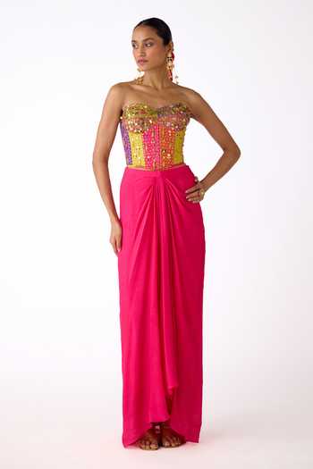 Buy_Basanti Kapde aur Koffee_Pink Chinon Sequins, Mirrors, Chains Sweetheart Embroidered Corset And Skirt Set _Online_at_Aza_Fashions