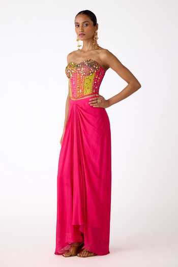 Shop_Basanti Kapde aur Koffee_Pink Chinon Sequins, Mirrors, Chains Sweetheart Embroidered Corset And Skirt Set 