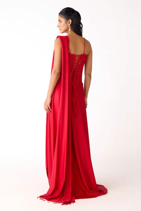 Basanti Kapde aur Koffee Tonal Embroidereed Corset & Pre-Draped Saree Set 