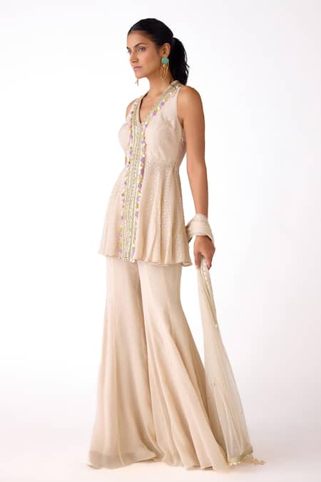 Basanti Kapde aur Koffee_Ivory Chinon Crystals, Tassels V-neck Embroidered Placket Kurta Sharara Set _Online_at_Aza_Fashions