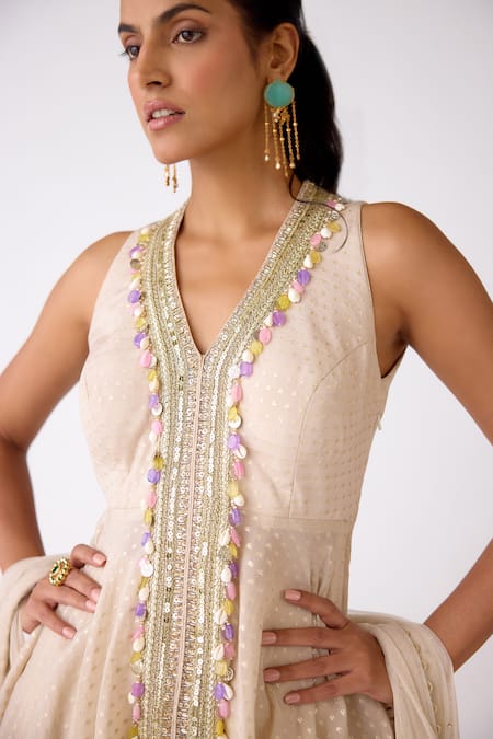 Buy_Basanti Kapde aur Koffee_Ivory Chinon Crystals, Tassels V-neck Embroidered Placket Kurta Sharara Set _Online_at_Aza_Fashions