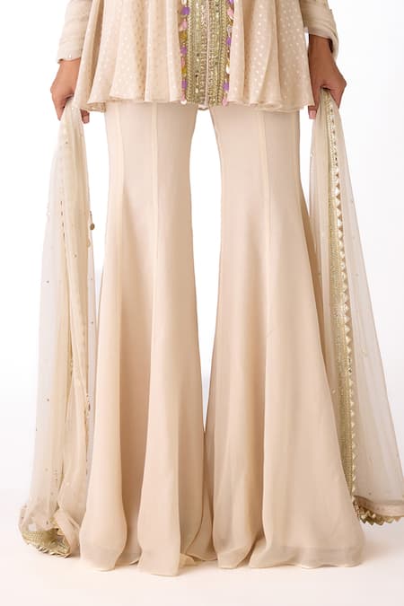 Basanti Kapde aur Koffee_Ivory Chinon Crystals, Tassels V-neck Embroidered Placket Kurta Sharara Set _at_Aza_Fashions