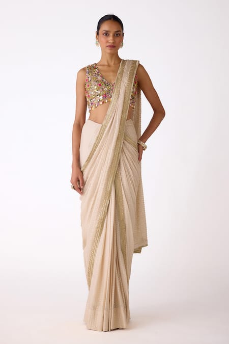 Basanti Kapde aur Koffee_Beige Chinon Sequins, Mirrors V-neck Blouse And Saree Set _at_Aza_Fashions