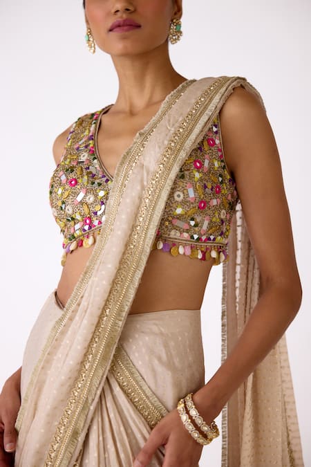 Buy_Basanti Kapde aur Koffee_Beige Chinon Sequins, Mirrors V-neck Blouse And Saree Set 