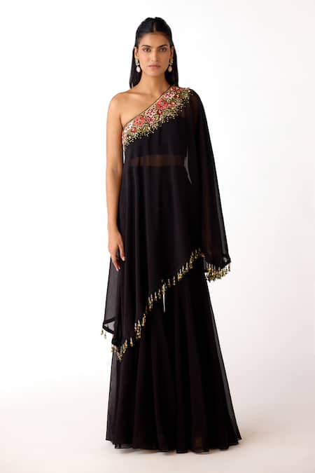 Buy_Basanti Kapde aur Koffee_Black Organza, Viscose Bandeau Neck, One Embroidered Border Cape And Sharara Set _Online_at_Aza_Fashions