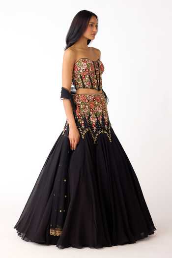 Basanti Kapde aur Koffee_Black Organza, Viscose Sequins, Beads, Embroidered Corset Blouse Lehenga Set _Online_at_Aza_Fashions