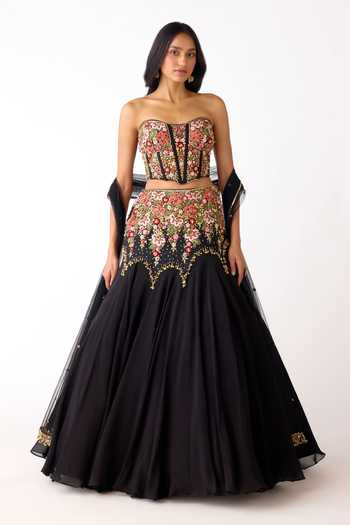 Basanti Kapde aur Koffee_Black Organza, Viscose Sequins, Beads, Embroidered Corset Blouse Lehenga Set _at_Aza_Fashions