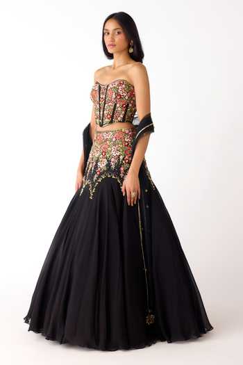 Buy_Basanti Kapde aur Koffee_Black Organza, Viscose Sequins, Beads, Embroidered Corset Blouse Lehenga Set 