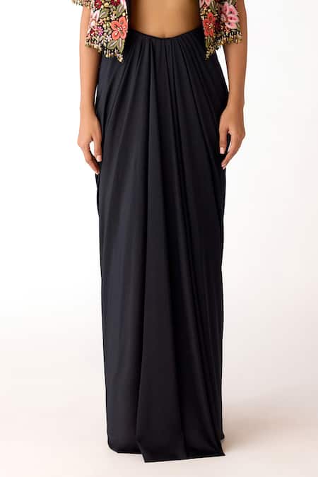 Basanti Kapde aur Koffee_Black Silk, Viscose, Lycra Sequins, Beads, Floral Pattern Jacket And Skirt Set _Online_at_Aza_Fashions