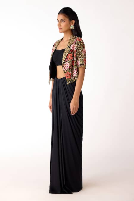 Buy_Basanti Kapde aur Koffee_Black Silk, Viscose, Lycra Sequins, Beads, Floral Pattern Jacket And Skirt Set _Online_at_Aza_Fashions