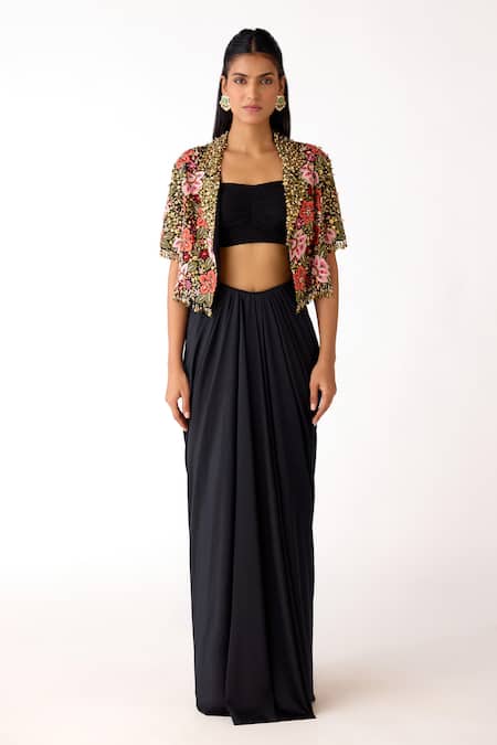 Shop_Basanti Kapde aur Koffee_Black Silk, Viscose, Lycra Sequins, Beads, Floral Pattern Jacket And Skirt Set _Online_at_Aza_Fashions