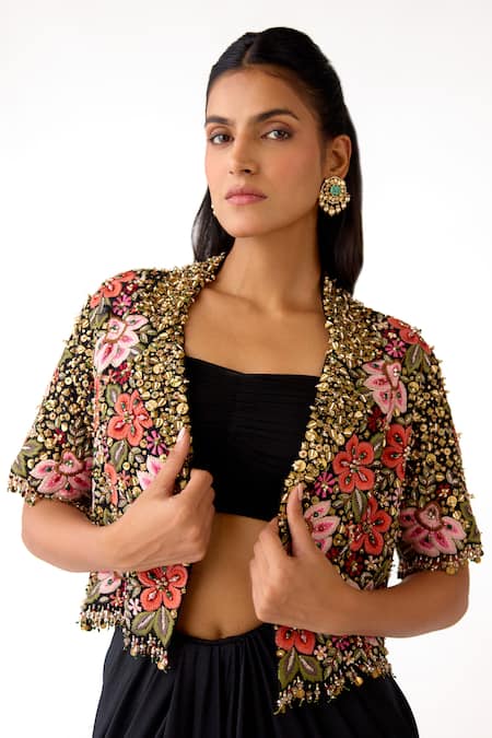 Buy_Basanti Kapde aur Koffee_Black Silk, Viscose, Lycra Sequins, Beads, Floral Pattern Jacket And Skirt Set 