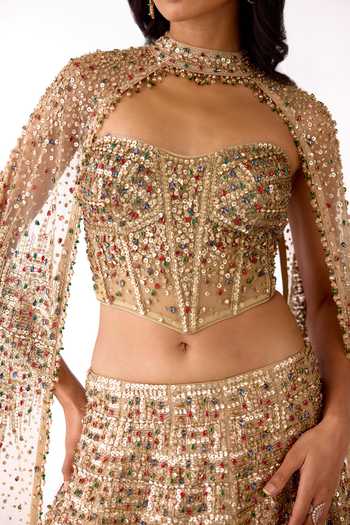 Buy_Basanti Kapde aur Koffee_Gold Silk, Net, Tissue Sequins, Beads, Stones And Work Lehenga Corset Blouse Set _Online_at_Aza_Fashions
