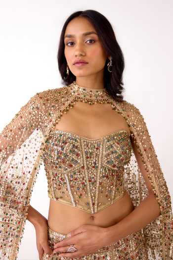 Shop_Basanti Kapde aur Koffee_Gold Silk, Net, Tissue Sequins, Beads, Stones And Work Lehenga Corset Blouse Set _Online_at_Aza_Fashions