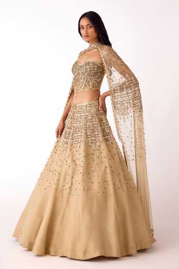 Buy_Basanti Kapde aur Koffee_Gold Silk, Net, Tissue Sequins, Beads, Stones And Work Lehenga Corset Blouse Set 
