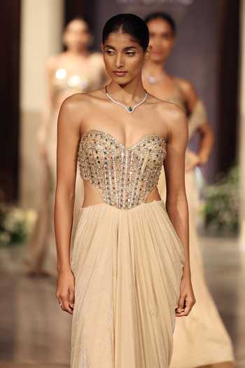 Shop_Basanti Kapde aur Koffee_Gold Silk, Lycra Sequins, Stones Sweetheart Neck Embellished Corset And Skirt Set _Online_at_Aza_Fashions