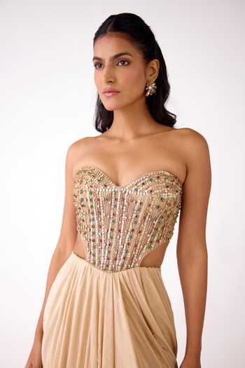 Basanti Kapde aur Koffee_Gold Silk, Lycra Sequins, Stones Sweetheart Neck Embellished Corset And Skirt Set _at_Aza_Fashions
