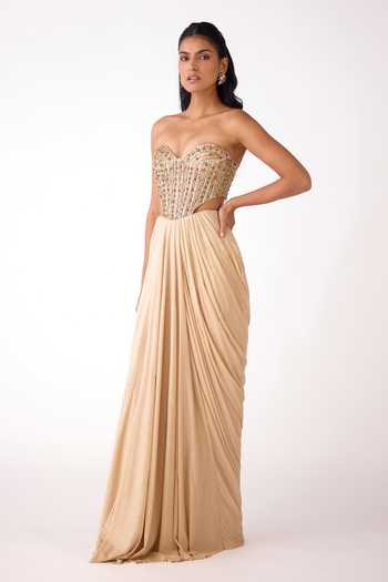 Buy_Basanti Kapde aur Koffee_Gold Silk, Lycra Sequins, Stones Sweetheart Neck Embellished Corset And Skirt Set 