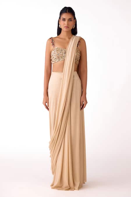 Basanti Kapde aur Koffee Sequin Work Blouse & Pre-Draped Saree Set 