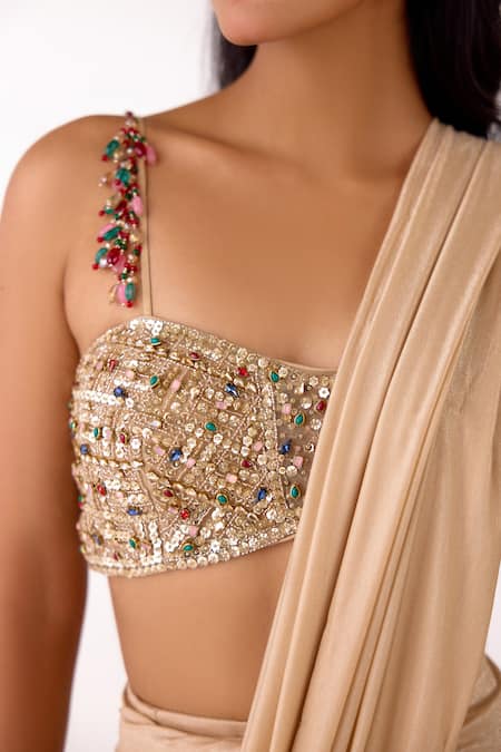 Buy_Basanti Kapde aur Koffee_Gold Silk, Lycra Sequins, Stones Sweetheart Work Blouse And Pre-draped Saree Set _Online_at_Aza_Fashions