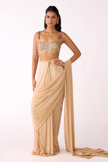 Basanti Kapde aur Koffee Sequin Work Blouse & Pre-Draped Saree Set 