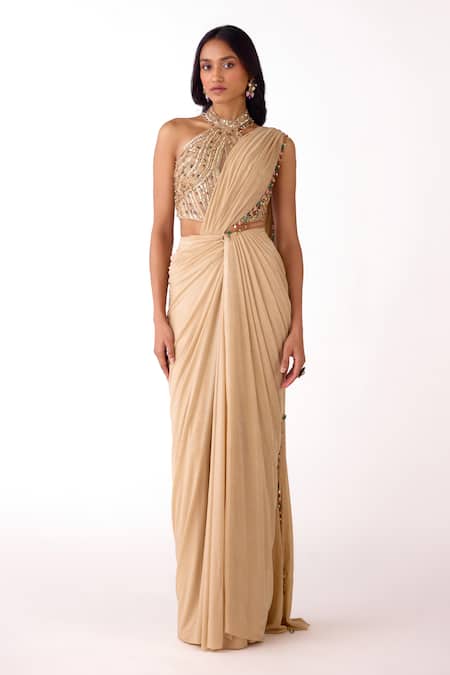 Basanti Kapde aur Koffee Pre-Draped Saree & Sequin Work Blouse Set 