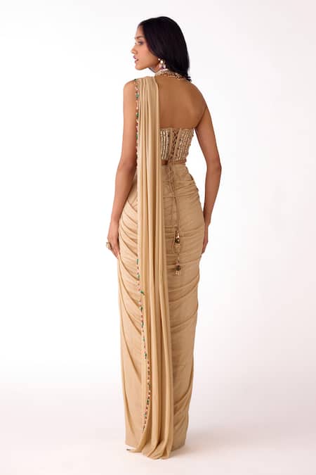 Basanti Kapde aur Koffee Pre-Draped Saree & Sequin Work Blouse Set 